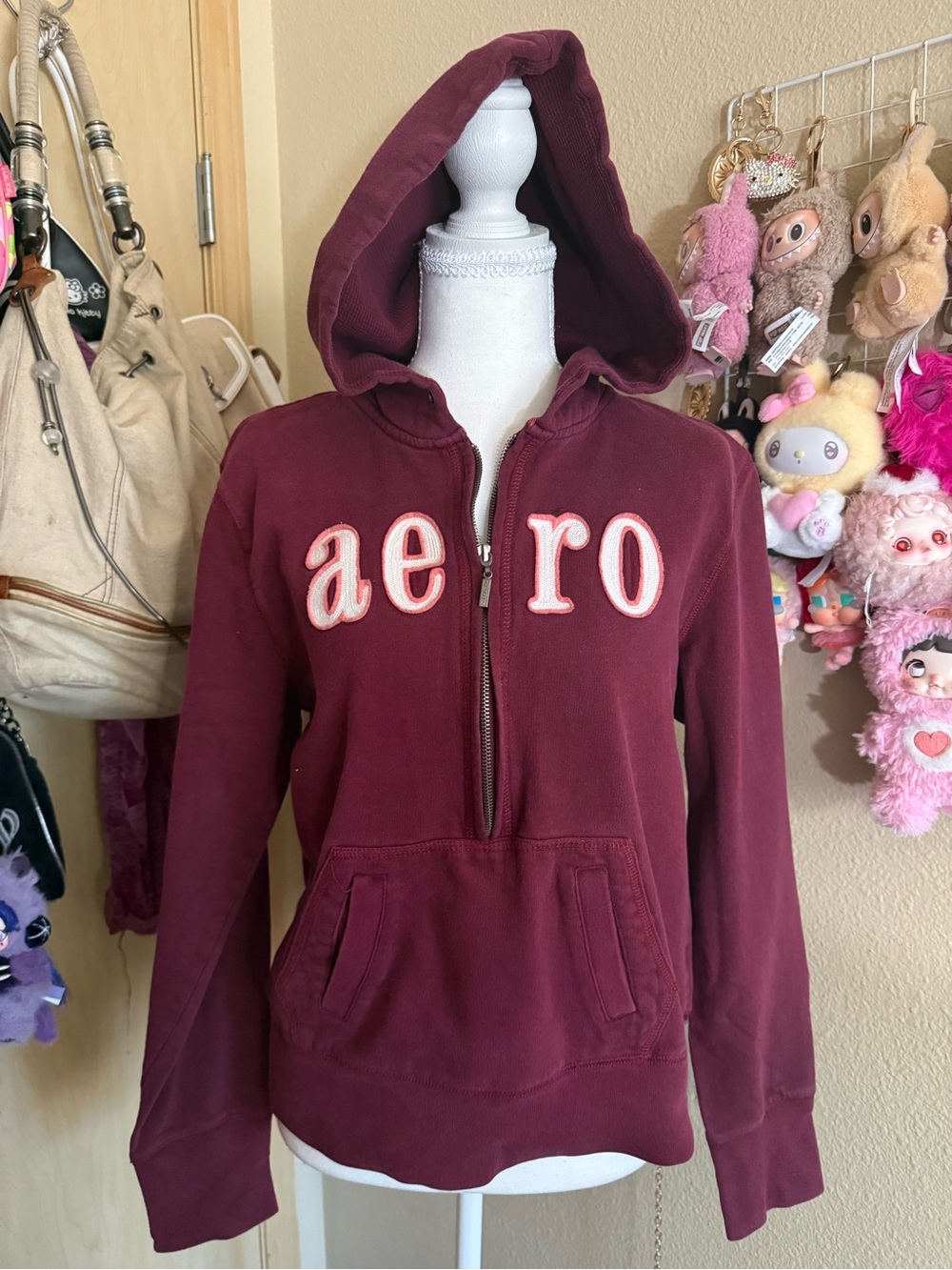 Aeropostale Burgundy Half-Zip Hoodie with 'aero' Appliqué